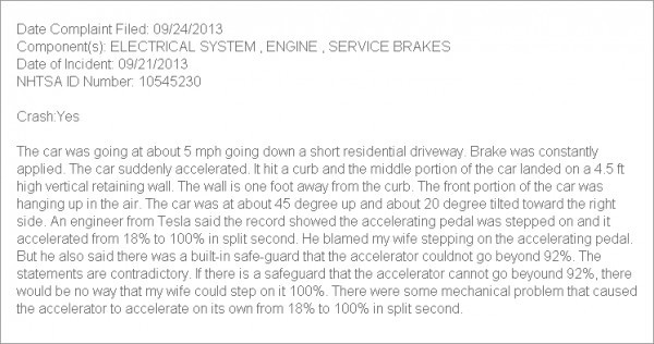 Plainte Tesla Model S pb accélération subite