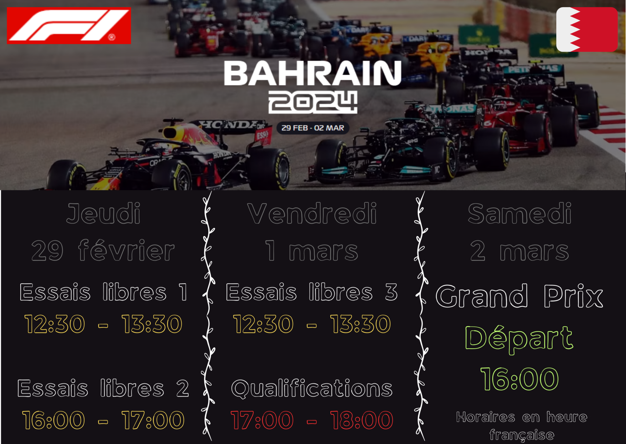 GP de Bahrein samedi 02/03 à 16h sur le circuit de Sakhir