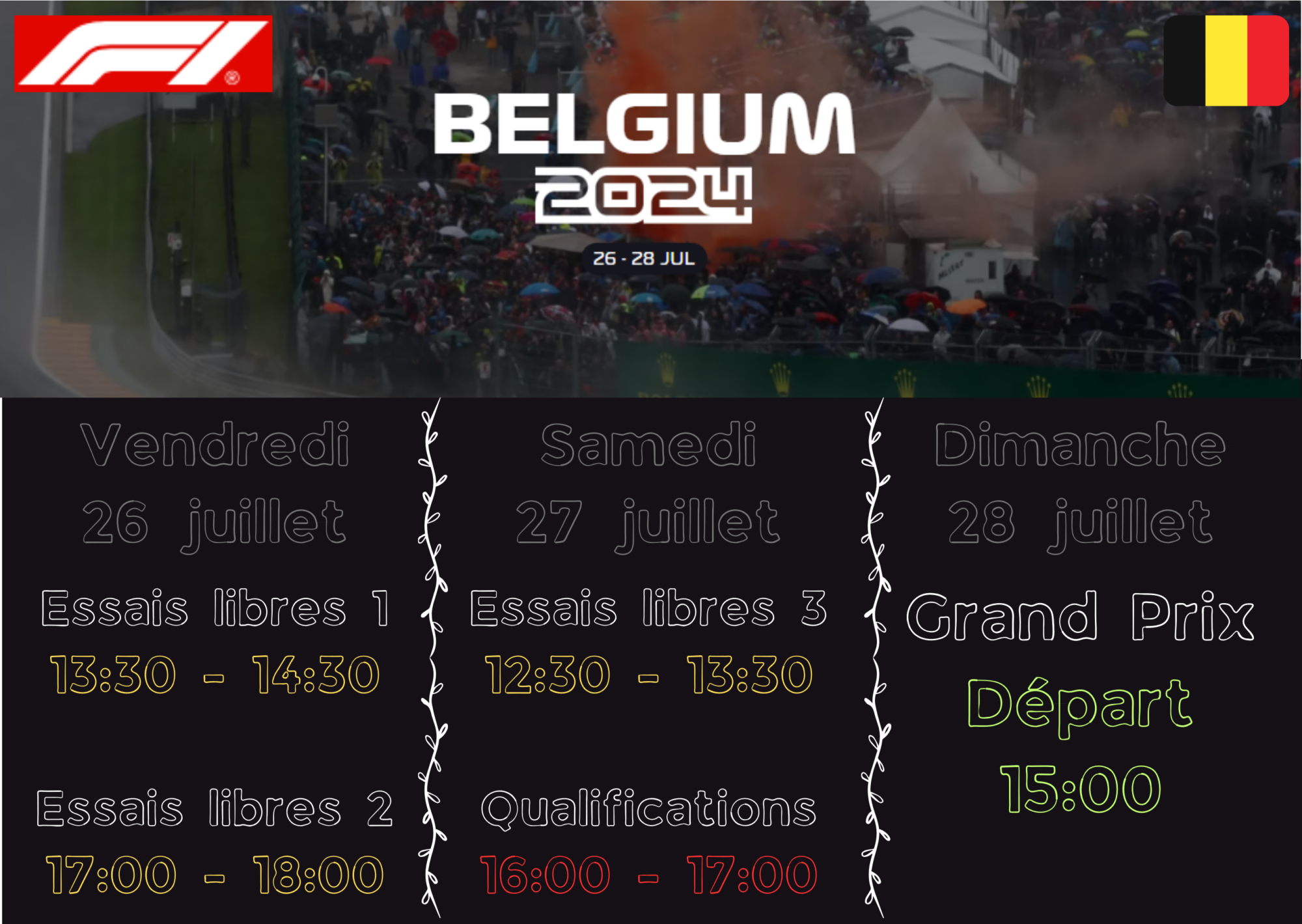 GP de Belgique dimanche 28/07 à 15h sur le circuit de Spa-Francorchamps