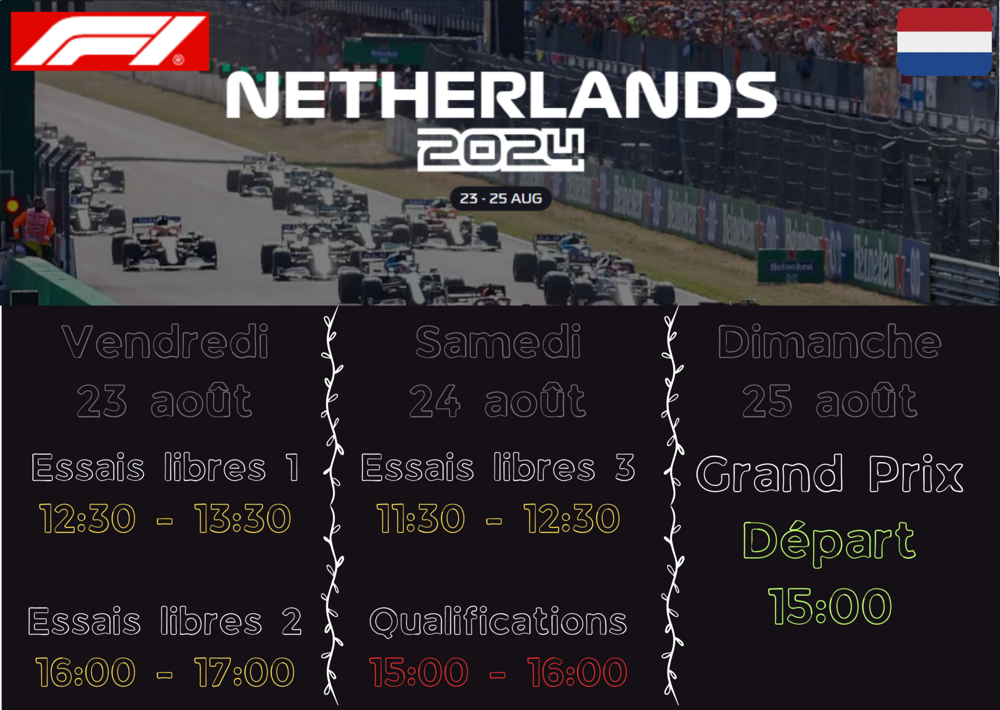 GP des Pays-Bas dimanche 25/08 à 15h sur le circuit de Zandvoort