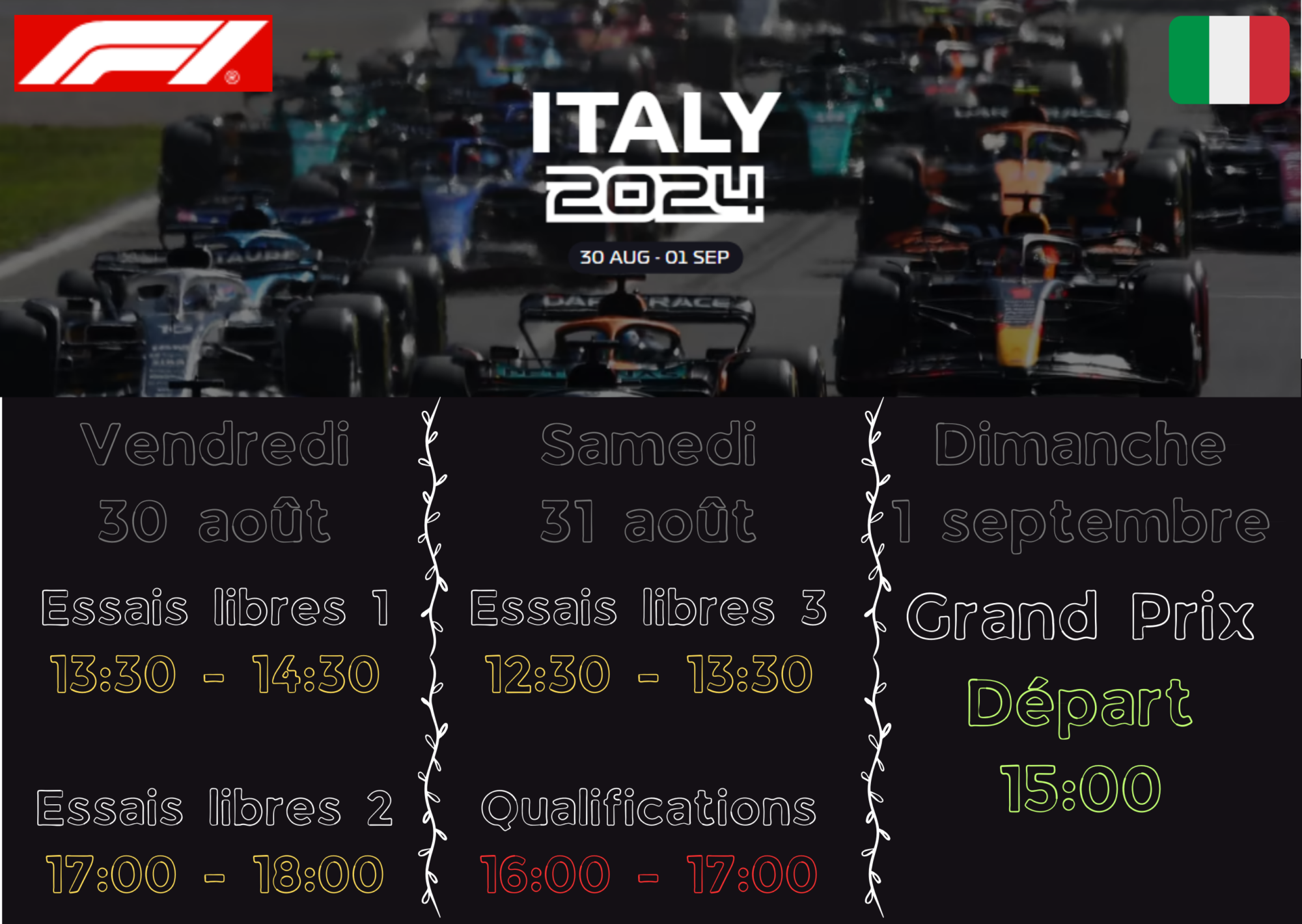 GP d'Italie dimanche 01/09 à 15h sur le circuit de Monza