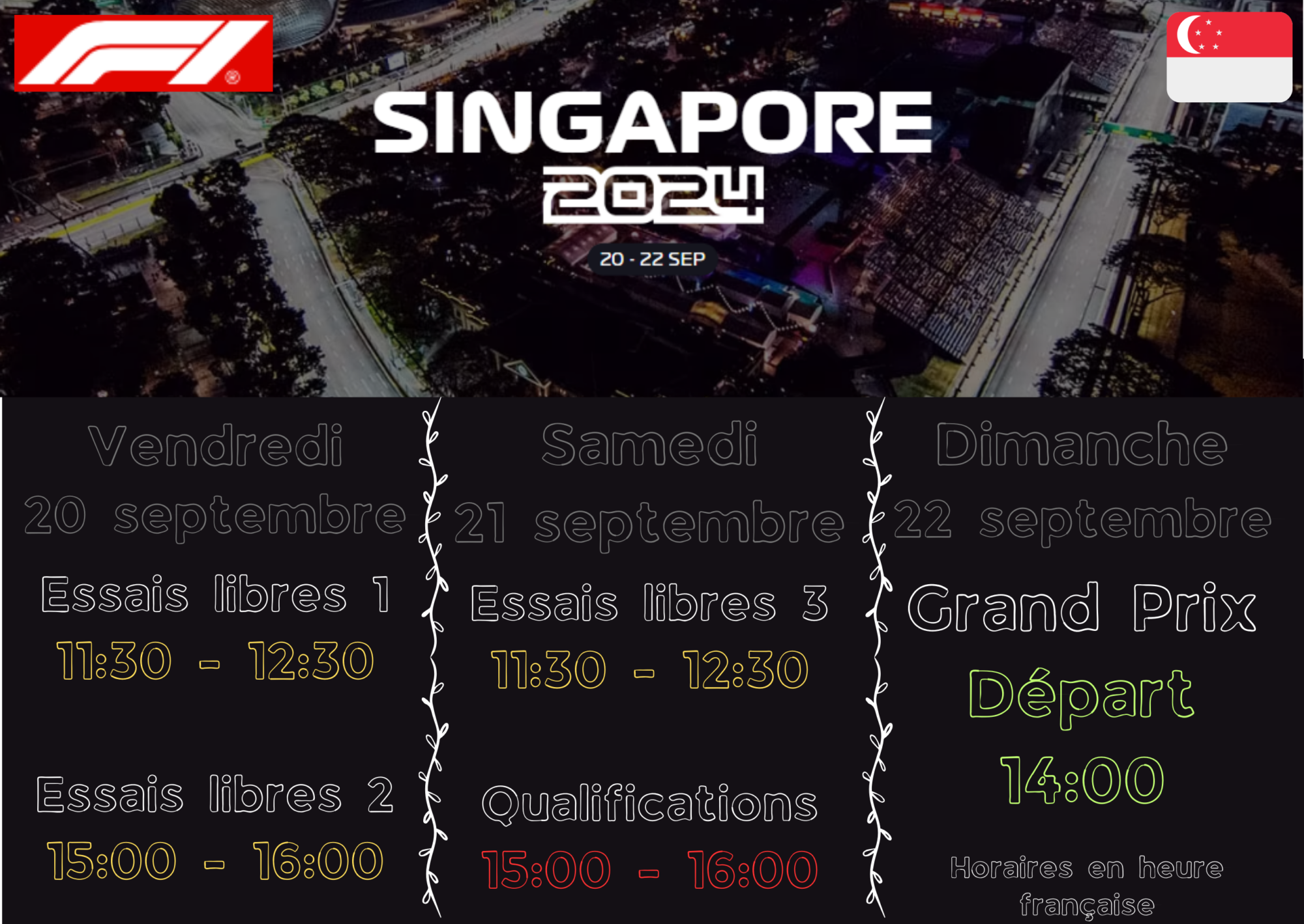 GP de Singapour dimanche 22/09 à 14h sur le circuit de Singapour